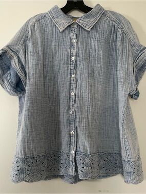 Cotton Gauze Button Up Top Womens 1X Lightweight Boho Crochet Hem Cottagecore